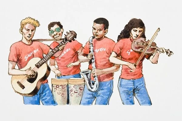 Illustration of group playing guitar, bongo drum, saxophone, and violin
