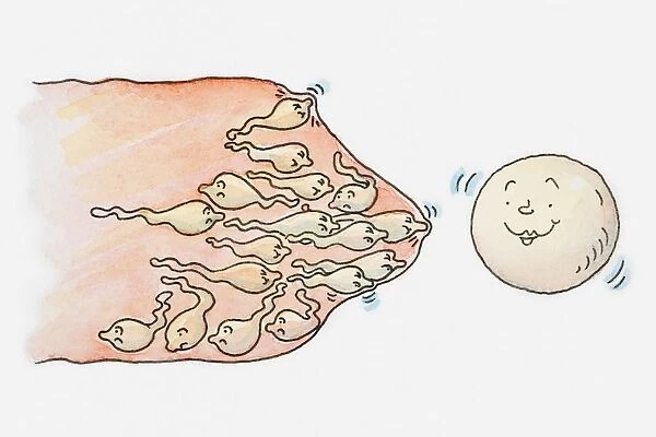 Illustration of a group of sperm trapped in a condom near egg, all with anthropomorphic faces