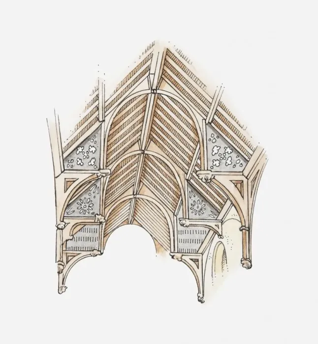 Framed Print : Illustration of a hammerbeam roof, Church of St Botolph, Trunch, Norfolk, England
