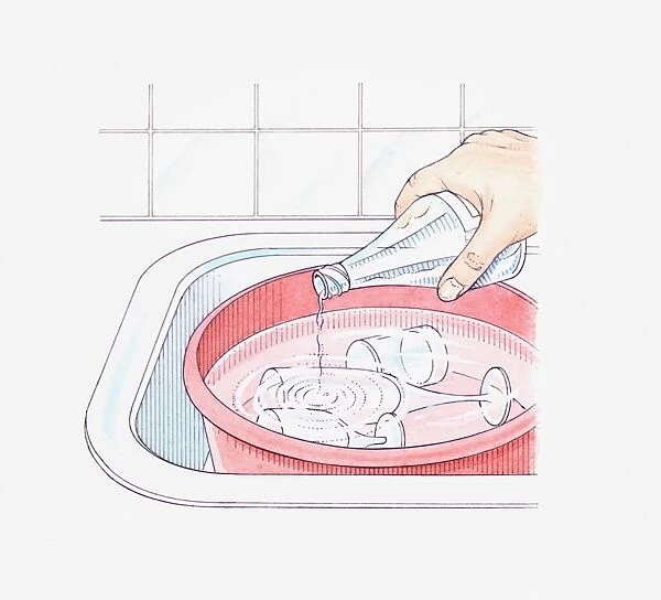 Illustration of a hand adding a little vinegar to a washing-up bowl containing glasses in order to cut through grease to clean