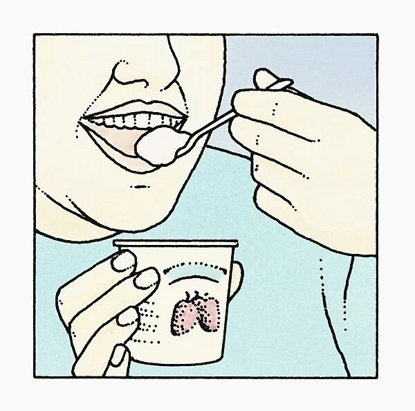 Illustration of hand holding spoon of yogurt close to mouth