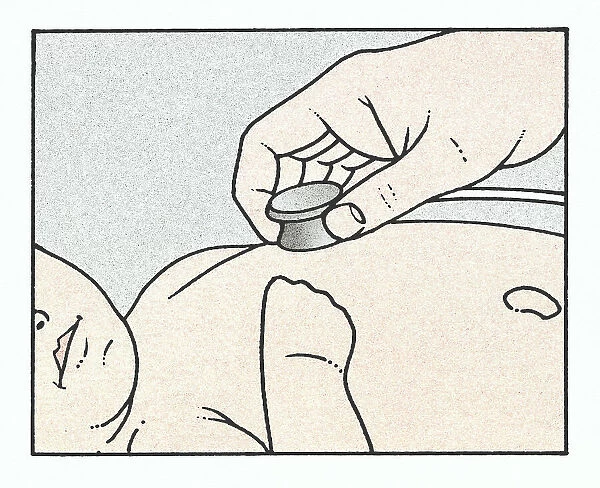 Illustration of hand holding stethoscope on chest of baby