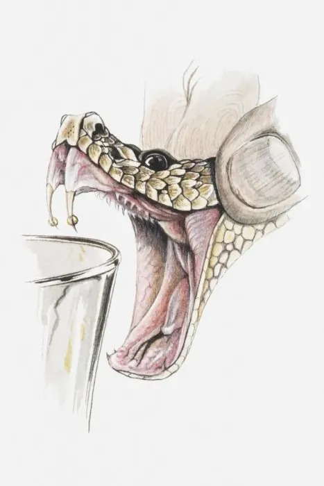 Framed Print : Illustration of hand squeezing rattlesnakes head to extract poison, close-up Framed Print : Illustration of hand squeezing rattlesnakes head to extract poison, close-up