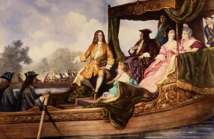 Framed Print : Illustration of Handel Presenting Water Music to King George I Framed Print : Illustration of Handel Presenting Water Music to King George I