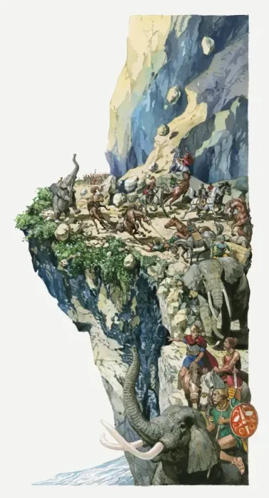 Framed Print : Illustration of Hannibal and his men crosses the alps with elephants and horses Framed Print : Illustration of Hannibal and his men crosses the alps with elephants and horses