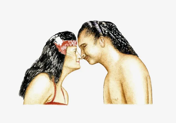 Framed Print : Illustration of Hawaiian couple kissing by touching noses