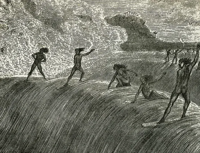 Framed Print : Illustration of Hawaiian Natives Surfing On High Wave Framed Print : Illustration of Hawaiian Natives Surfing On High Wave