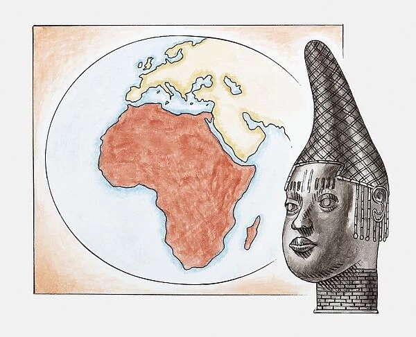 Illustration of head of Queen Mother of Benin (Iyoba) in front of map of Africa