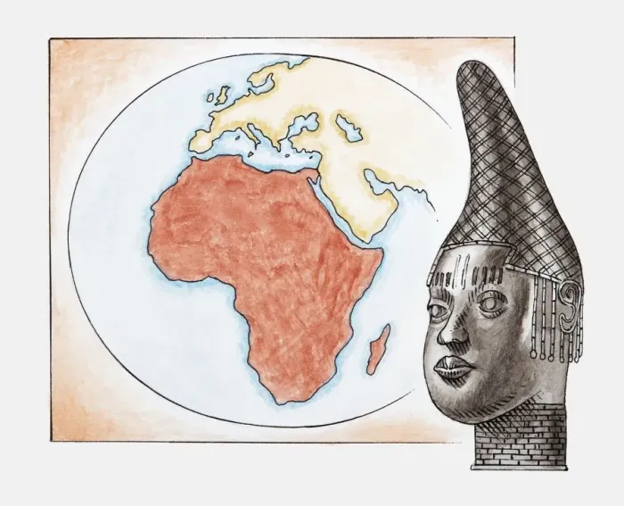 Framed Print : Illustration of head of Queen Mother of Benin (Iyoba) in front of map of Africa Framed Print : Illustration of head of Queen Mother of Benin (Iyoba) in front of map of Africa