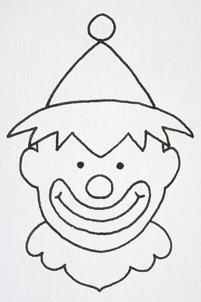 Illustration, head of smiling clown in cone hat