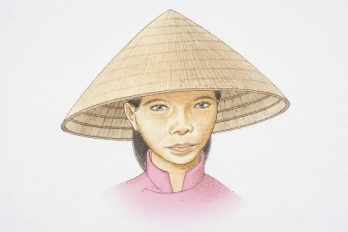 Framed Print : Illustration, head of young woman wearing a Nonla, traditional Vietnamese conical hat Framed Print : Illustration, head of young woman wearing a Nonla, traditional Vietnamese conical hat