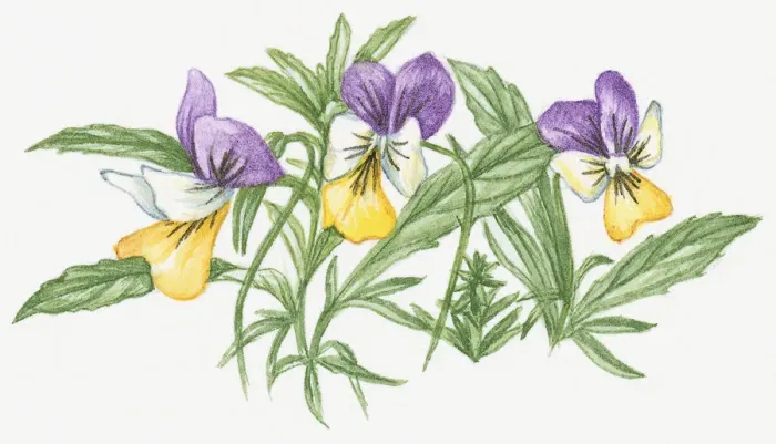 Framed Print : Illustration of Heartsease (Viola tricolor), a wild pansy with purple, yellow and white flowers and green leaves