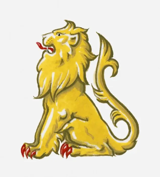 Framed Print : Illustration of heraldic symbol of lion sejant representing courage