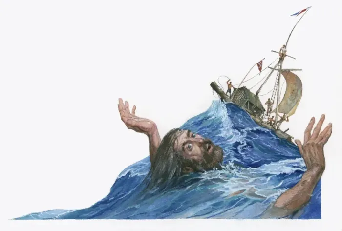 Framed Print : Illustration of Herman Watzinger almost drowning in rough sea near Kon-Tiki raft Framed Print : Illustration of Herman Watzinger almost drowning in rough sea near Kon-Tiki raft