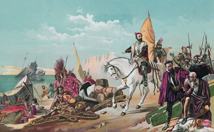 Framed Print : Illustration of Hernan Cortes After Ordering His Fleet Scuttled Framed Print : Illustration of Hernan Cortes After Ordering His Fleet Scuttled