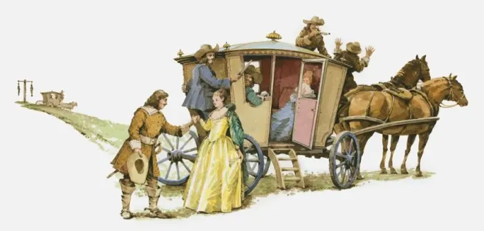 Framed Print : Illustration of highwayman Claude Duval greeting female passenger as men attack carriage