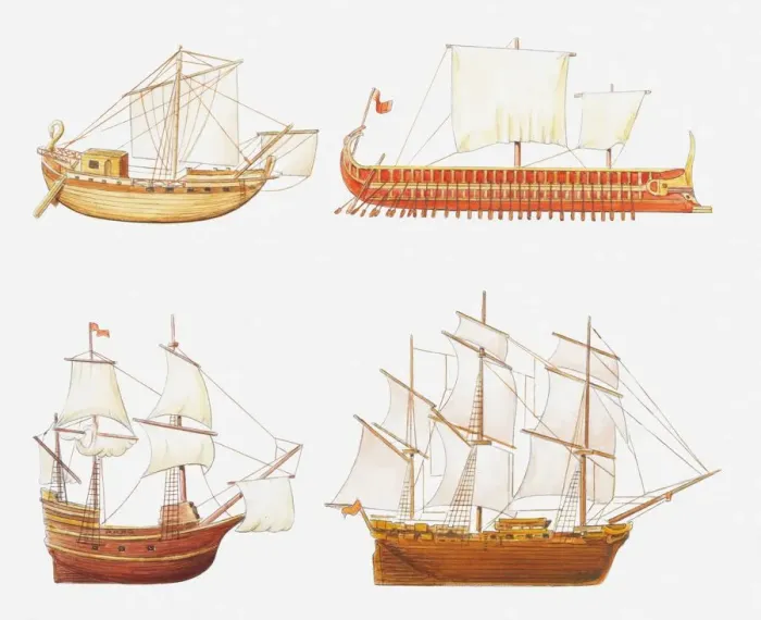 Framed Print : Illustration of four historic ships, Roman merchant ship, ancient Greek Trireme battleship Framed Print : Illustration of four historic ships, Roman merchant ship, ancient Greek Trireme battleship