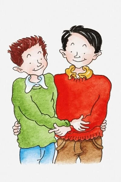 Illustration of homosexual couple embracing, front view
