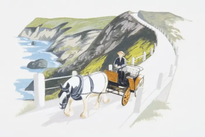 Framed Print : Illustration of horse and cart on coastal road above cliffs Framed Print : Illustration of horse and cart on coastal road above cliffs