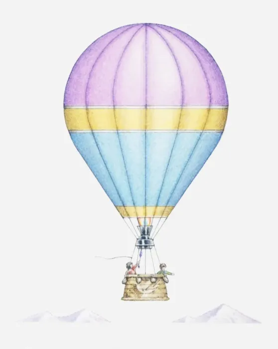 Framed Print : Illustration of hot-air balloon carrying two passengers Framed Print : Illustration of hot-air balloon carrying two passengers