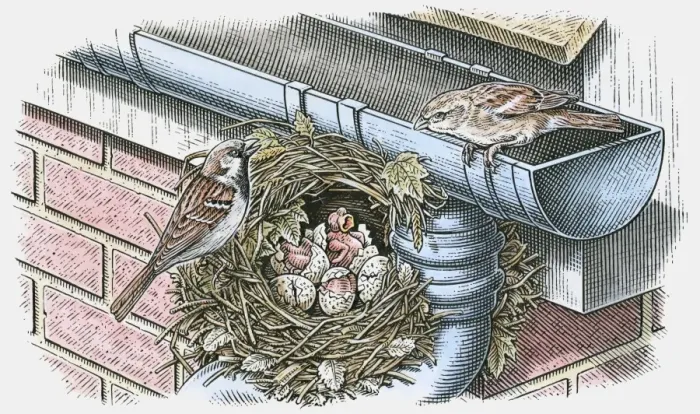 Framed Print : Illustration of House Sparrow (Passer domesticus) nesting below roof gutter Framed Print : Illustration of House Sparrow (Passer domesticus) nesting below roof gutter