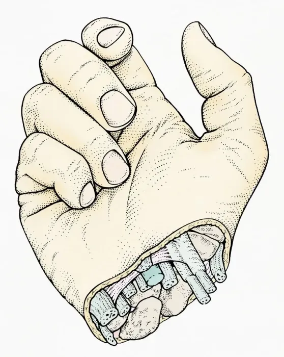 Framed Print : Illustration of human hand with cross section at wrist showing arteries, veins and nerves Framed Print : Illustration of human hand with cross section at wrist showing arteries, veins and nerves