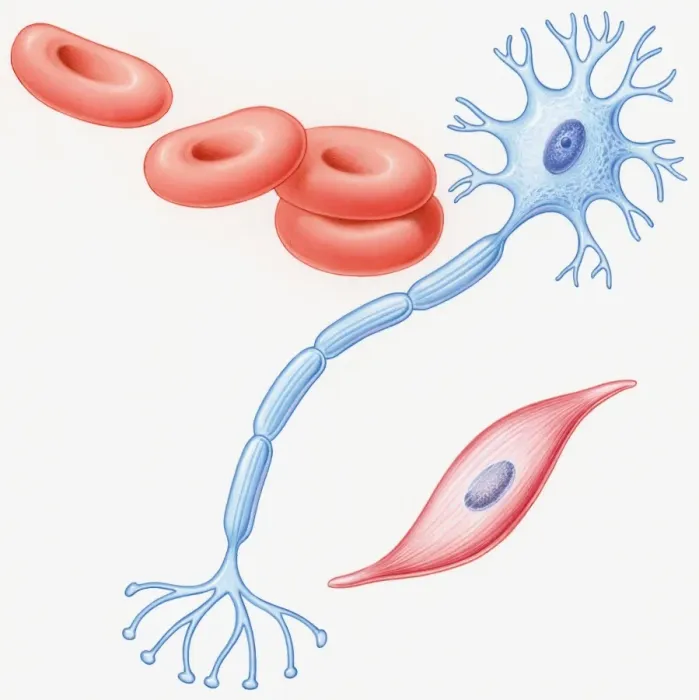 Framed Print : Illustration of human muscle cell, nerve cell, and red blood cells Framed Print : Illustration of human muscle cell, nerve cell, and red blood cells