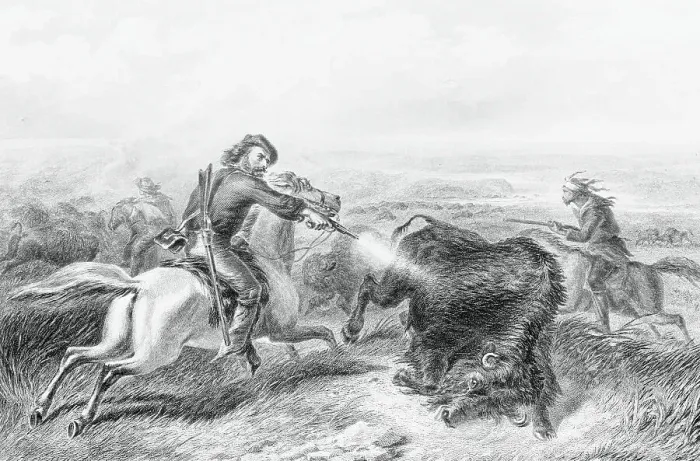Framed Print : Illustration of Hunter Shooting Buffalo Framed Print : Illustration of Hunter Shooting Buffalo
