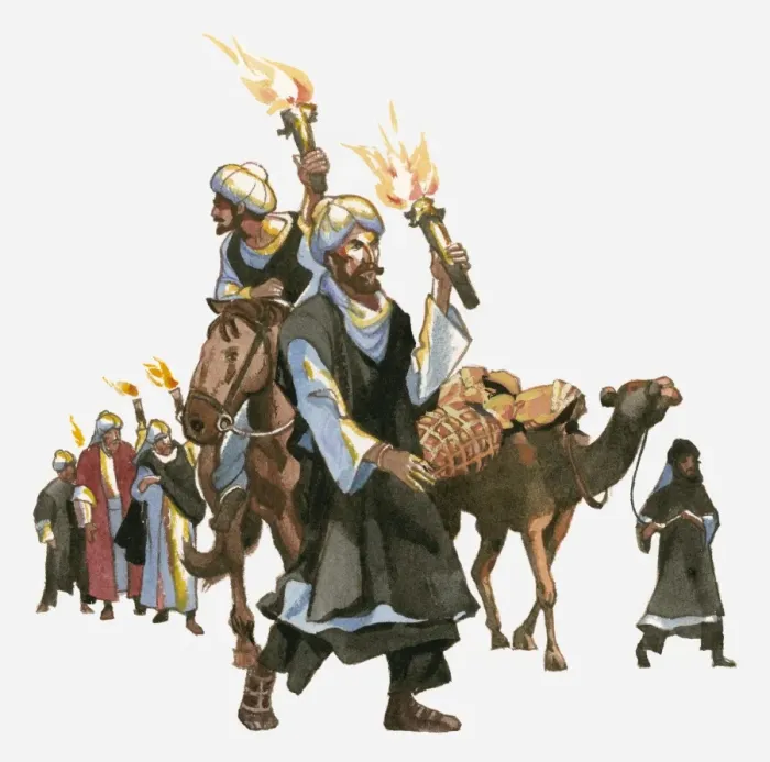 Framed Print : Illustration of Ibn Battuta and men holding flaming torches as they leave Mecca Framed Print : Illustration of Ibn Battuta and men holding flaming torches as they leave Mecca