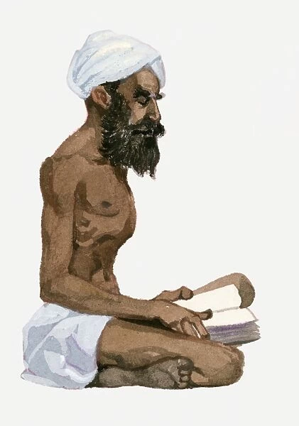 Illustration of Ibn Battuta sitting on floor reading praying