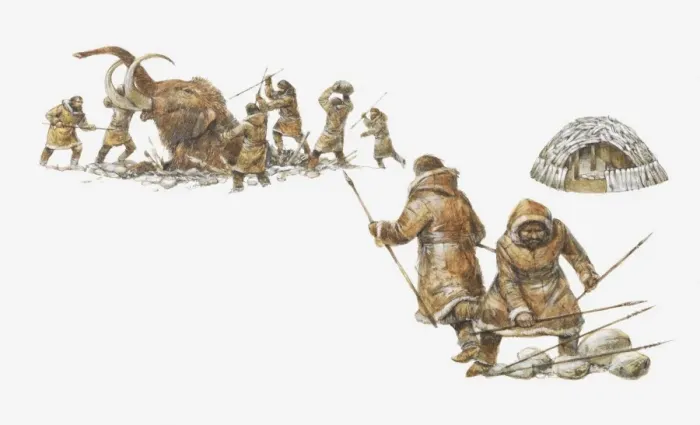 Framed Print : Illustration of Ice Age hunters killing a mammoth Framed Print : Illustration of Ice Age hunters killing a mammoth