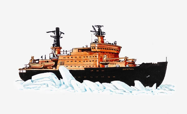 Illustration of ice-breaker moving through icy sea