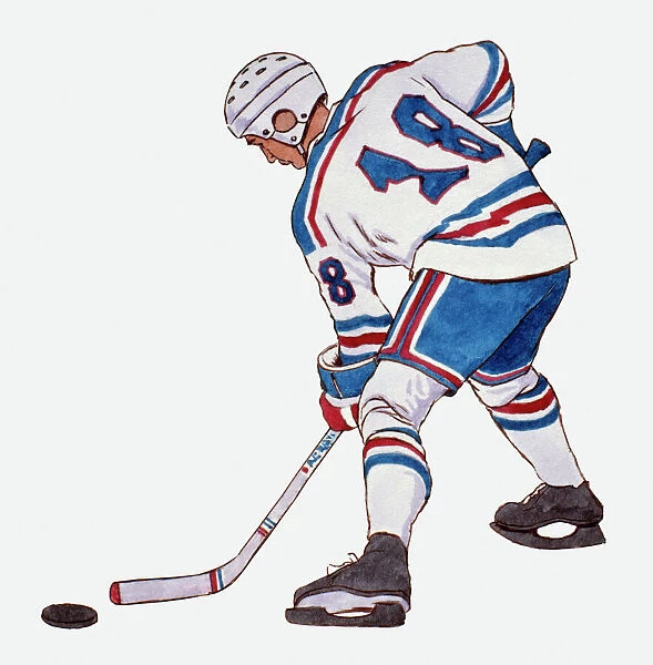Illustration of ice hockey player wearing protective clothing, holding hockey stick near puck