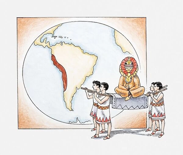 Illustration of Inca procession in front of map highlighting ancient Inca empire