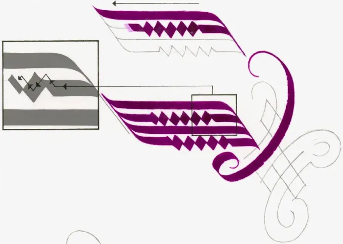 Framed Print : Illustration of incomplete cadel flourishing, a decorative extension to ascending or descending strokes, with inset showing how spine of cadel is composed using diamonds