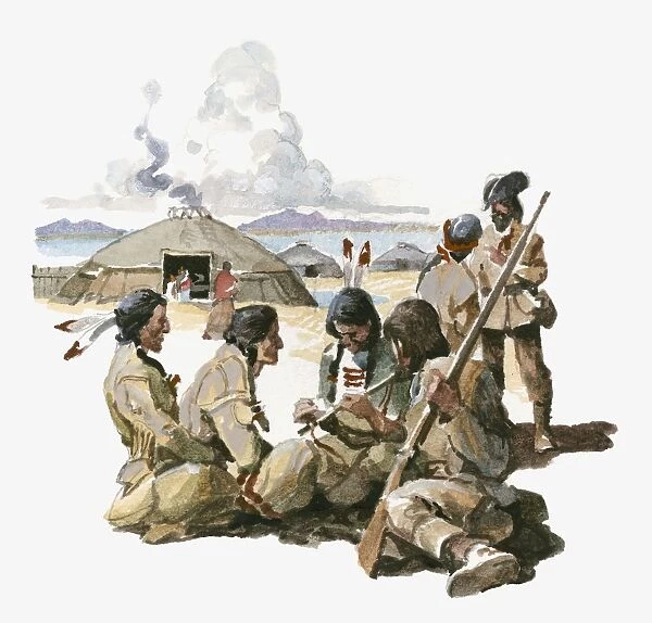 Illustration of Indians and colonials in camp with rifles