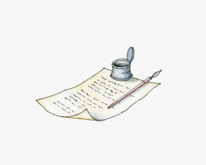 Framed Print : Illustration of ink well and pen on handwritten document Framed Print : Illustration of ink well and pen on handwritten document
