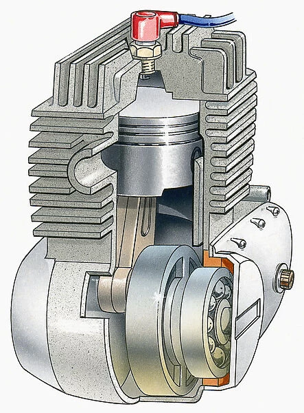 Illustration of internal combustion engine with cross section showing piston and crank