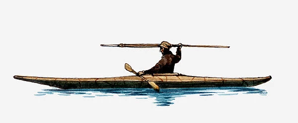 Illustration of Inuit man in kayak holding spear above head