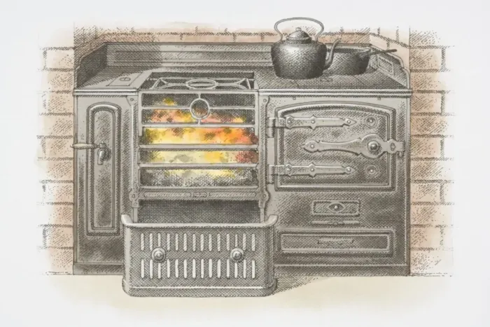 Framed Print : Illustration, iron kitchen stove burning coal Framed Print : Illustration, iron kitchen stove burning coal