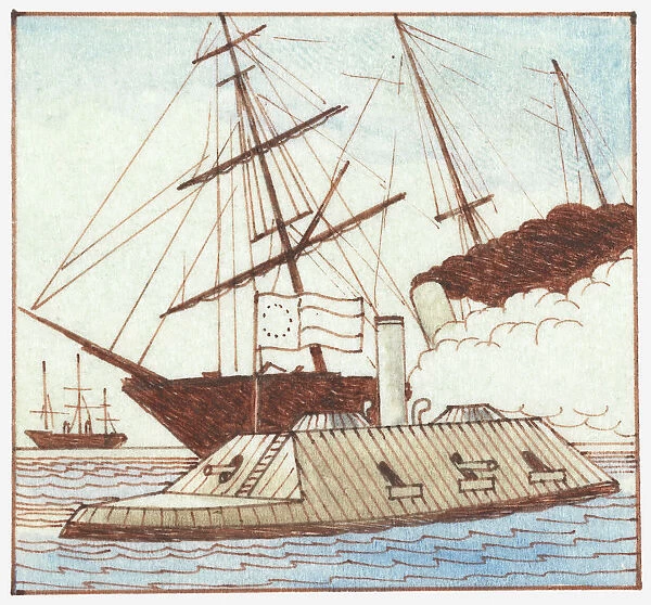 Illustration of iron ship and flagship at sea during American Civil War