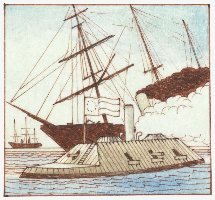 Framed Print : Illustration of iron ship and flagship at sea during American Civil War Framed Print : Illustration of iron ship and flagship at sea during American Civil War
