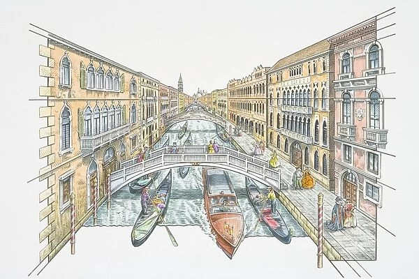 Illustration, Italy, Venice, people in historic carnival costume strolling alongside canal