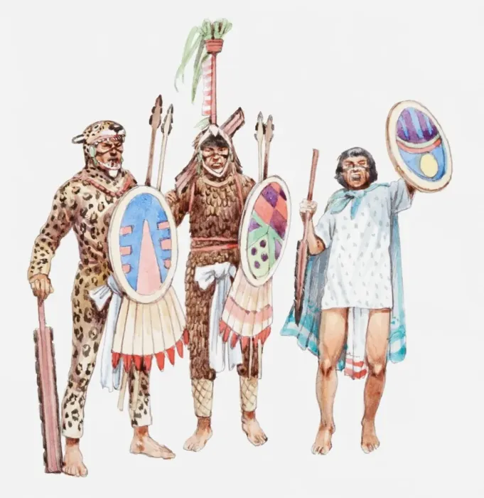 Framed Print : Illustration of Jaguar warriors and Aztec soldier holding shields and spears Framed Print : Illustration of Jaguar warriors and Aztec soldier holding shields and spears