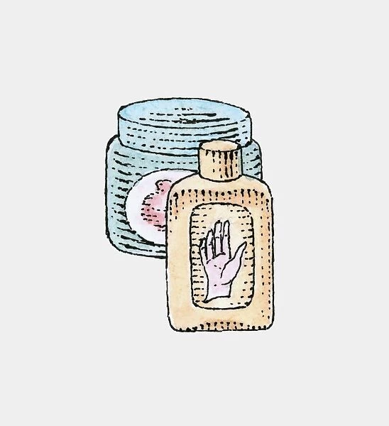 Illustration of jar and bottle of moisturizers