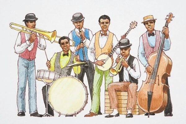 Illustration, jazz band, six men wearing bow ties and waistcoats playing trumpet, trombone, drums, clarinet, banjo and double bass, front view