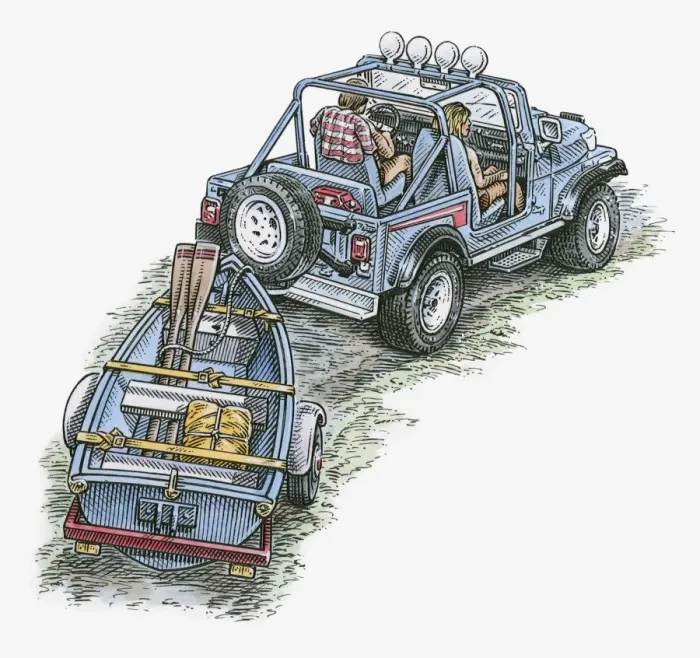 Framed Print : Illustration of jeep towing small boat Framed Print : Illustration of jeep towing small boat