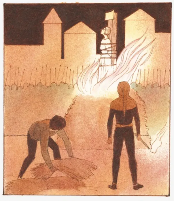 Framed Print : Illustration of Joan of Arc being burned at the stake as executioner holds torch and man lifts straw to fuel fire Framed Print : Illustration of Joan of Arc being burned at the stake as executioner holds torch and man lifts straw to fuel fire