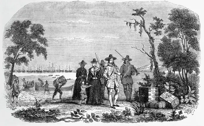 Framed Print : Illustration of John Winthrop Landing in Massachusetts Framed Print : Illustration of John Winthrop Landing in Massachusetts