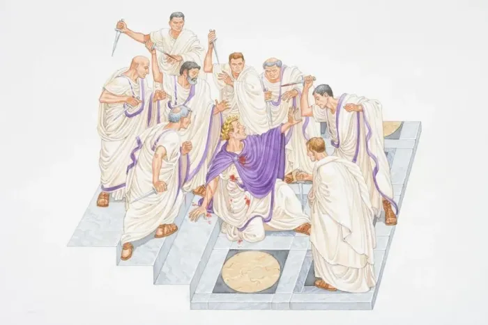Framed Print : Illustration, Julius Caesar collapsed, wounded, amidst group of Romans brandishing daggers Framed Print : Illustration, Julius Caesar collapsed, wounded, amidst group of Romans brandishing daggers